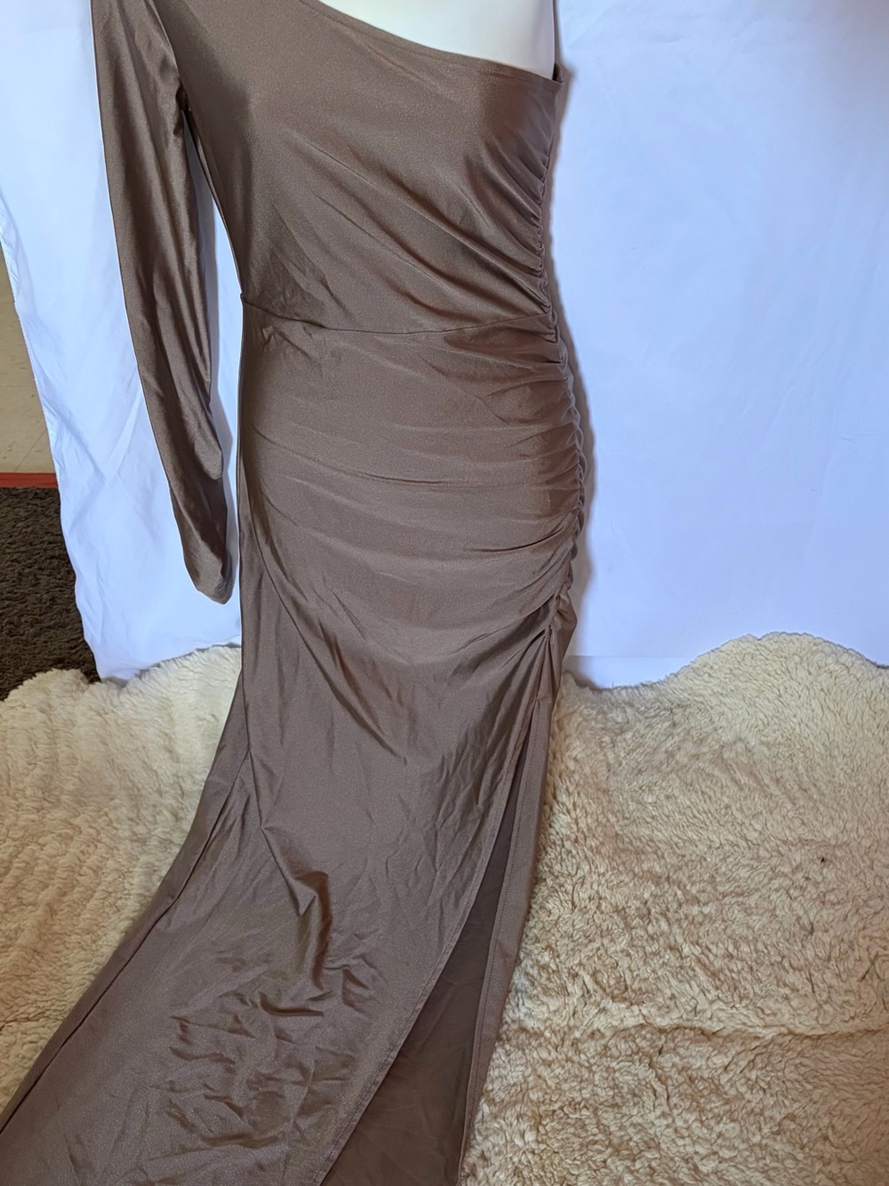 Asymmetric One-Shoulder Ruched Gown in Chocolate